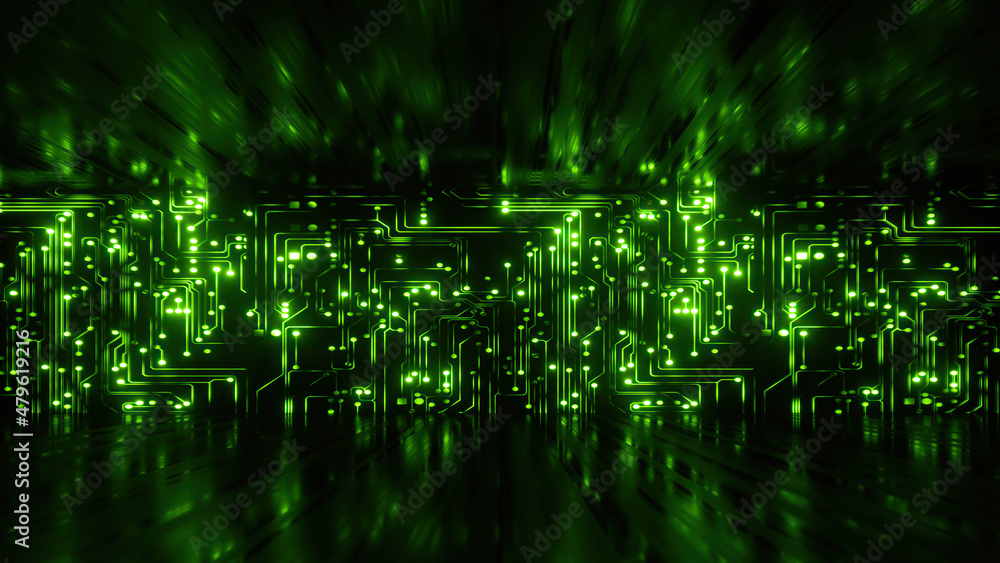 3d render, abstract cyber background with green neon fluorescent lines  glowing. Virtual reality matrix, digital high tech wallpaper Stock  Illustration | Adobe Stock