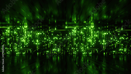 Fotografia 3d render, abstract cyber background with green neon fluorescent lines glowing