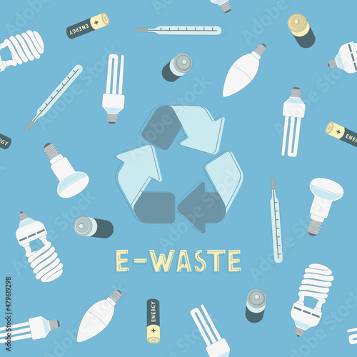 Waste recycling. Seamless pattern with light bulbs, batteries and thermometers. E-waste. Eco-friendly environment. Doodle vector illustration.