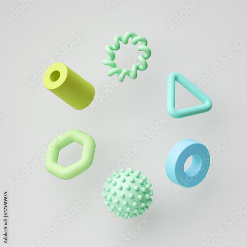 Foto 3d render, abstract geometric shapes isolated on white background, colorful green blue assorted elements levitating