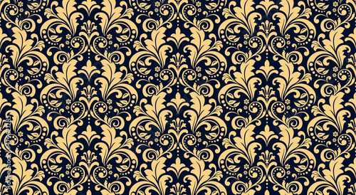 Floral pattern. Vintage wallpaper in the Baroque style. Seamless vector background. Gold and dark blue ornament for fabric, wallpaper, packaging. Ornate Damask flower ornament