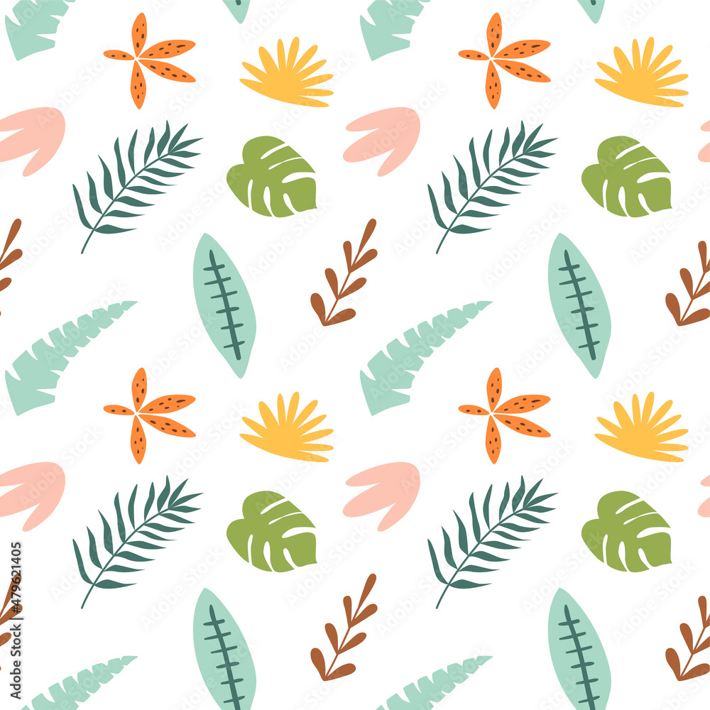 Childish tropical leaves pattern. Cartoon jungle background, rainforest seamless pattern. African wallpaper, cute safari texture. Vector illustration. Summer tropic nature leaf, botanical print.