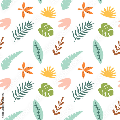 Childish tropical leaves pattern. Cartoon jungle background, rainforest seamless pattern. African wallpaper, cute safari texture. Vector illustration. Summer tropic nature leaf, botanical print.