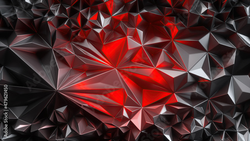 3d render, abstract background, shiny metallic polygonal wallpaper, faceted texture illuminated with red light
