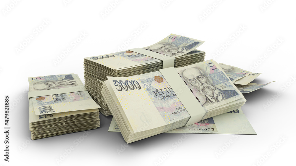 3D Stack of 5000 Czech koruna notes isolated on white background 3D Stack of 5000 Czech koruna notes isolated on white background