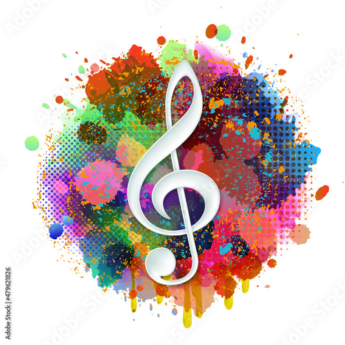 White Treble clef on Colorful spray paint with abstract splatter color background.