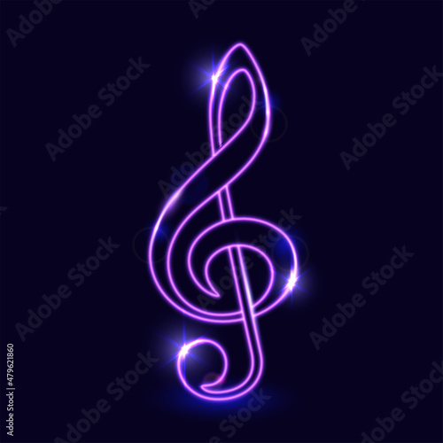 Purple luminous contour of the treble clef on a dark background,