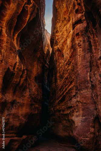 Red sandstone rocks. Canyon of the ancient city of Petra. Jordan.