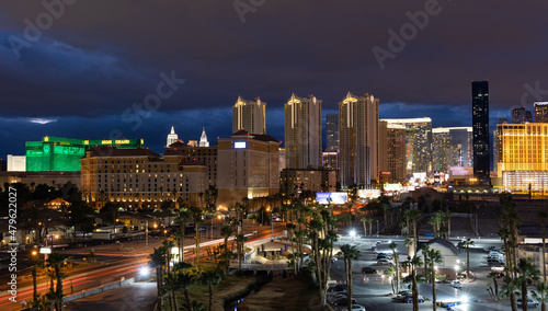 Panorama of the Las Vegas skyline at dusk under dramatic clouds