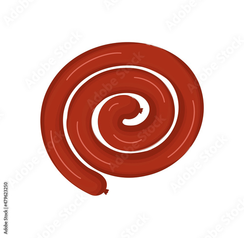 Meat semi finished product concept. Sticker with twisted beef sausage. Delicious delicacy for sandwiches. Design element for posters. Cartoon flat vector illustration isolated on white background