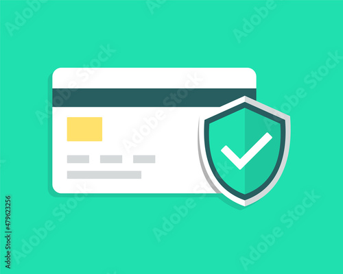 Credit card with shield and check mark. Mastercard identity protection. Illustration vector