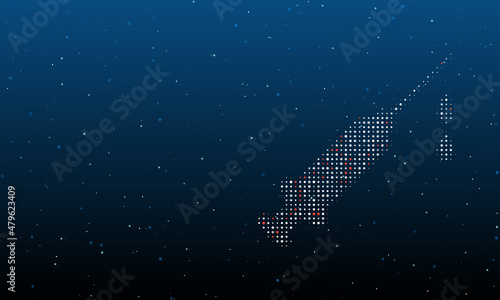 On the right is the syringe symbol filled with white dots. Background pattern from dots and circles of different shades. Vector illustration on blue background with stars