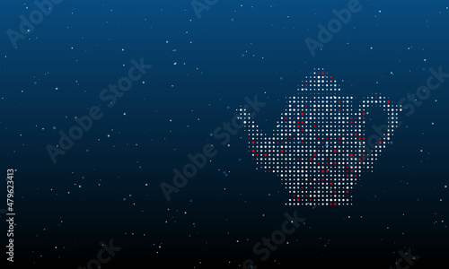 On the right is the teapot symbol filled with white dots. Background pattern from dots and circles of different shades. Vector illustration on blue background with stars