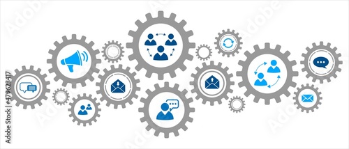Background technology. Icons of people, digital communication. Banner design with gears with buttons information grid. Mechanisms of movement. Textures for websites, social networks. Vector 