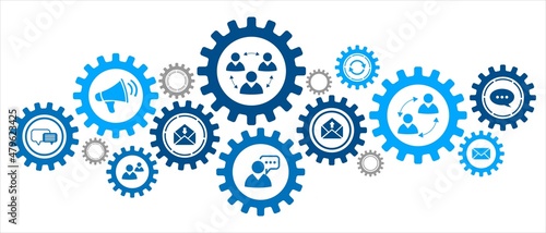 Background technology. Icons of people, digital communication. Banner design with gears with buttons information grid. Mechanisms of movement. Textures for websites, social networks. Vector  photo