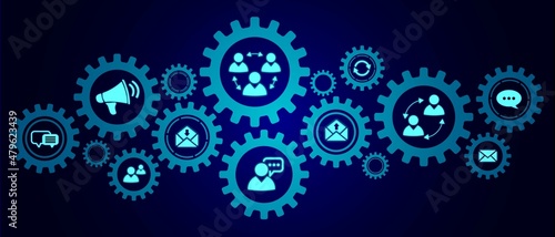 Neon background technology. Icons of people, digital communication. Banner design with gears with buttons information grid. Mechanisms of movement. Textures for websites, social networks. Vector 