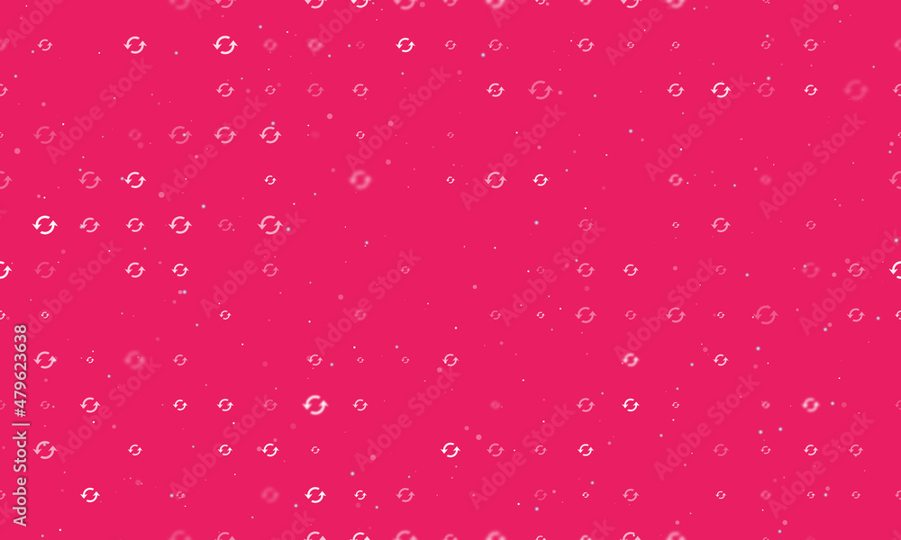 Seamless background pattern of evenly spaced white refresh symbols of different sizes and opacity. Vector illustration on pink background with stars Seamless background pattern of evenly spaced white refresh symbols of different sizes and opacity. Vector illustration on pink background with stars