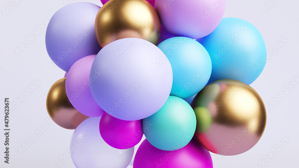 3d rendering, abstract minimal background with colorful balls stuck together, assorted mixed particles macro