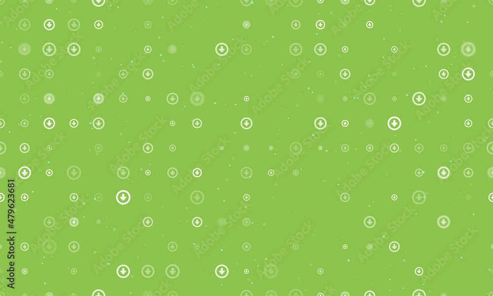 Seamless background pattern of evenly spaced white download symbols of different sizes and opacity. Vector illustration on light green background with stars