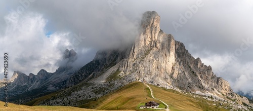 Scenic panorama view on Passo Giau in Dolomites national park, Italy