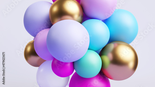 3d rendering, abstract minimal background with colorful balls stuck together, assorted mixed particles macro