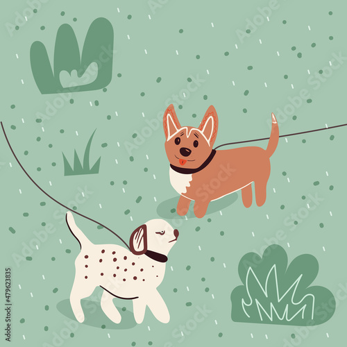 walking with a dog. Vector illustration for service of pet sitter, walker, vet clinic, pet care, hospital, dog shelter. Design template for poster, booklet, banner, flyer, web, advert