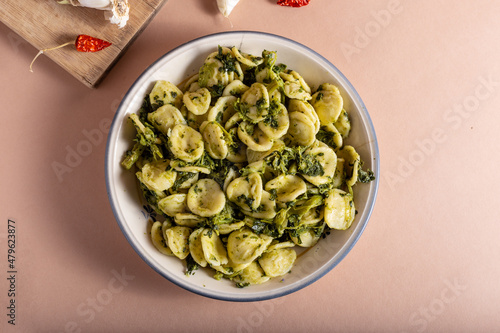 Fresh orecchiette with turnip greens. Typical dish of Puglia, southern Italy. Suitable for those who follow a vegetarian diet