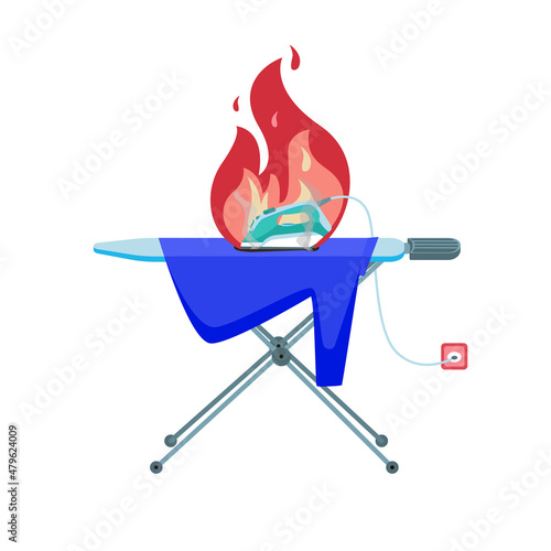 Dangerous situation with the iron. A forgotten iron burns on the ironing board. Accident, danger, fire. Burnt thing. Flat style. Isolated on a white background. Vector illustration