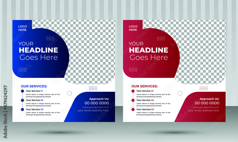 Corporate Social Media Post Design Template with two different eye catching gradient color deep blue and deep red with white Background for Marketing Agency Business Corporate Social Media Post Design Template with two different eye catching gradient color deep blue and deep red with white Background for Marketing Agency Business