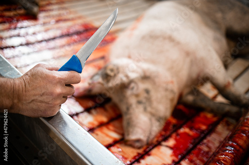 Foto Close up view of butcher's knife and slaughtered pigs in slaughterhouse