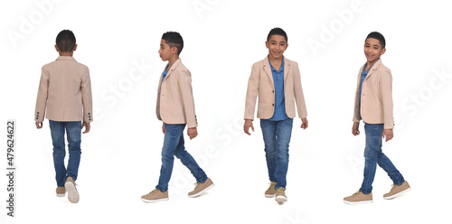 group of same boy with various poses walking on white background