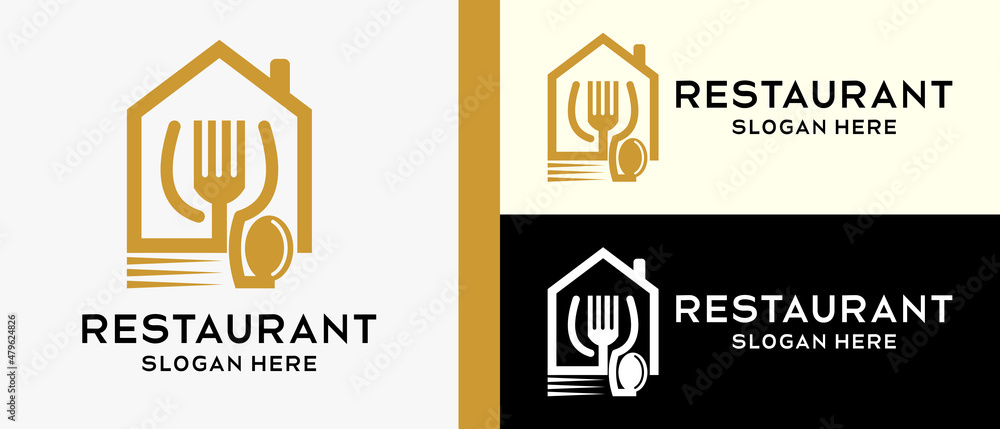 Restaurant logo design template, spoon, glass and fork in home icon with luxury line style. vector illustration