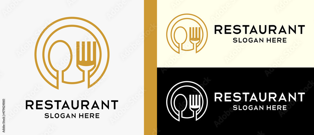 restaurant logo design template, spoon and fork with fancy lines in circle. vector illustration restaurant logo design template, spoon and fork with fancy lines in circle. vector illustration