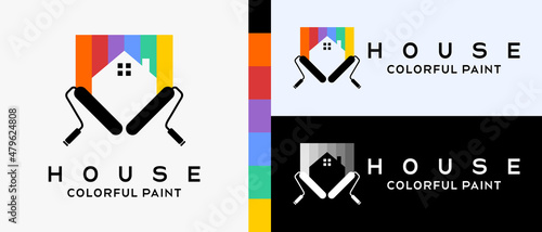 cool building paint logo design template. two brush roll with silhouette and brush stroke with rainbow color concept. logo illustration for wall or building paint. Premium Vector