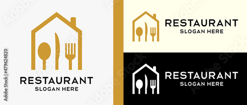 restaurant logo design template, spoon, knife and fork in a house icon. vector illustration