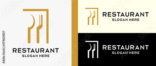 restaurant logo design template, spoon and fork with silhouette shadow in box. vector illustration