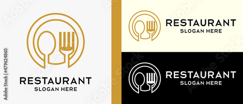 restaurant logo design template, spoon and fork with fancy lines in circle. vector illustration