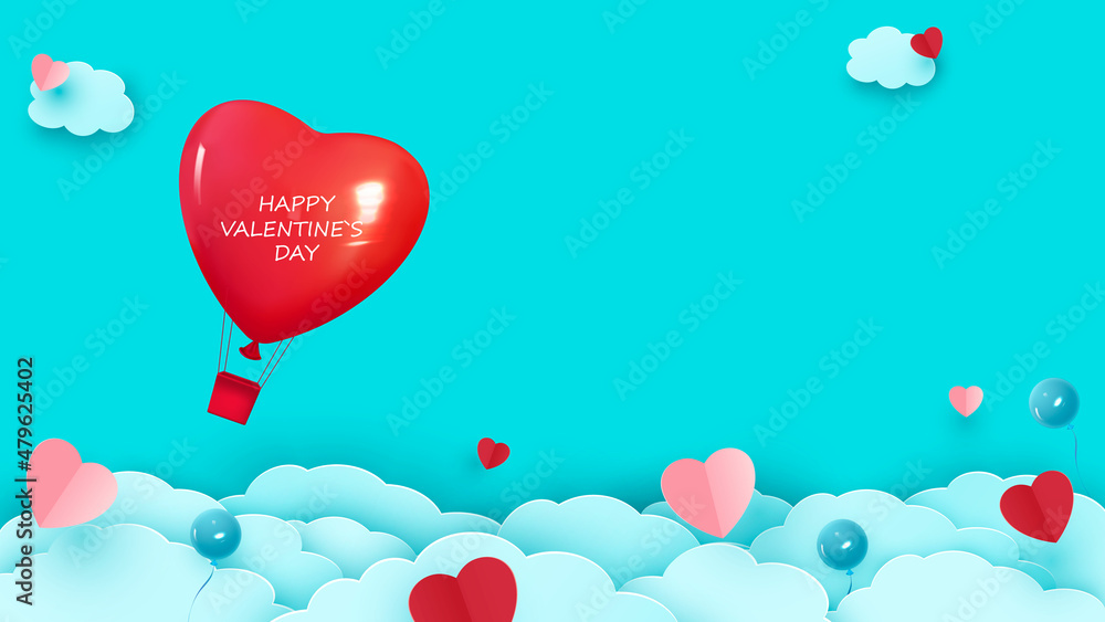 Valentine s day background with heart shaped balloon flying through the clouds.O rigami style. Vector