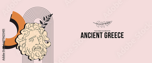 Ancient statue greek banner, modern  mythology design, greece cutlure sculpture face concept.