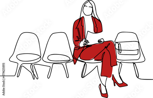 Continuous one line drawing of young woman waiting for interview indoors for your design minimal outline. Vector illustration.