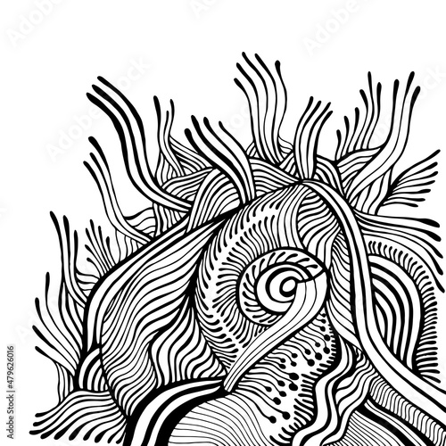 Decorative black element in lines, spots, isolated on a white background. Abstract pattern, maze of line ornaments coloring page. Psychedelic stylish card