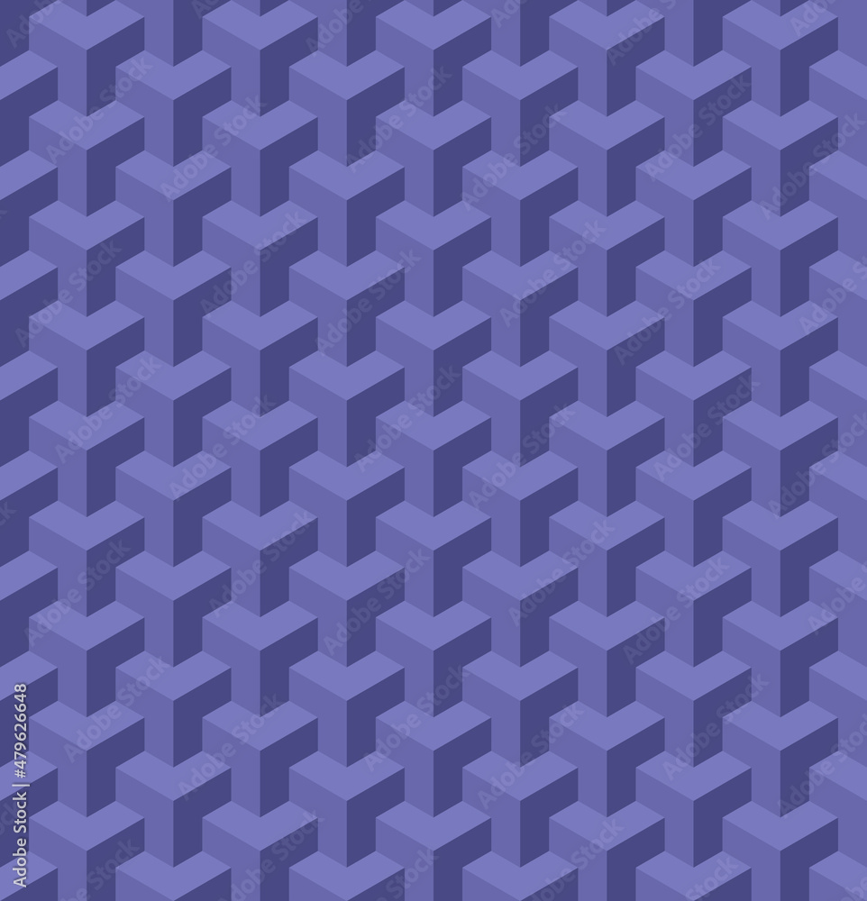 3D isometric geometric background. Seamless cube shape pattern. Color trend of 2022 very peri. Design texture for banner, template, card, cover, poster, backdrop, tile, wall. Vector illustration. 3D isometric geometric background. Seamless cube shape pattern. Color trend of 2022 very peri. Design texture for banner, template, card, cover, poster, backdrop, tile, wall. Vector illustration.