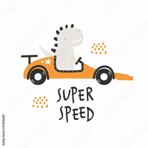 Vector hand-drawn illustration of a cute funny dinosaur rides in a retro racing car and text. Super speed lettering. Greeting card, print, poster design for kids. Trendy scandinavian character.