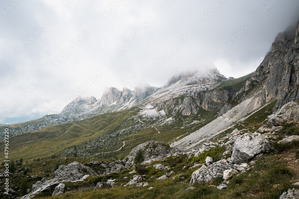 Forcella Nuvolau and Rifugio Averau (refuge), the path to the Cinque Torri. Nuvolau, Dolomites Alps, Italy Forcella Nuvolau and Rifugio Averau (refuge), the path to the Cinque Torri. Nuvolau, Dolomites Alps, Italy