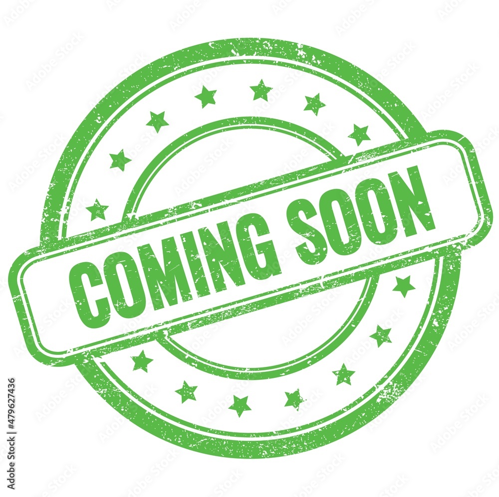 COMING SOON text on green grungy round rubber stamp. COMING SOON text on green grungy round rubber stamp.