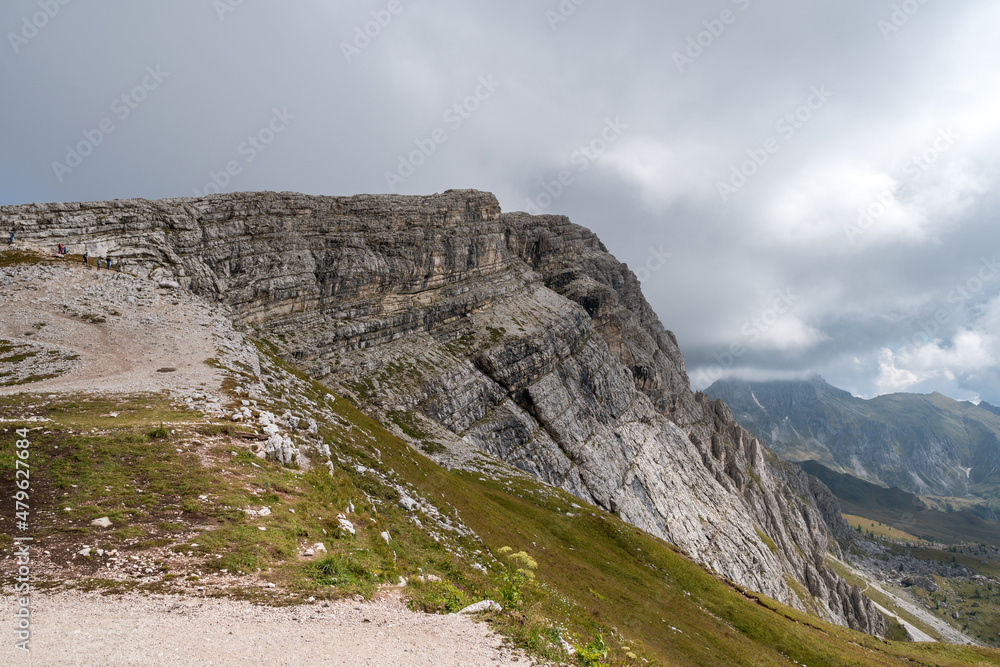 Forcella Nuvolau and Rifugio Averau (refuge), the path to the Cinque Torri. Nuvolau, Dolomites Alps, Italy