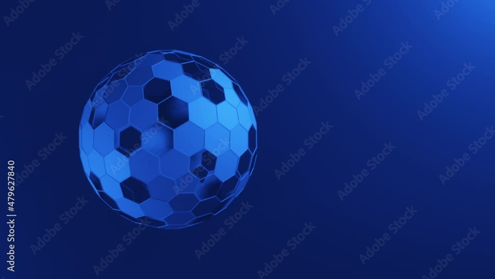 A blue sphere of hexagons with holes rotates in a loop in space A blue sphere of hexagons with holes rotates in a loop in space