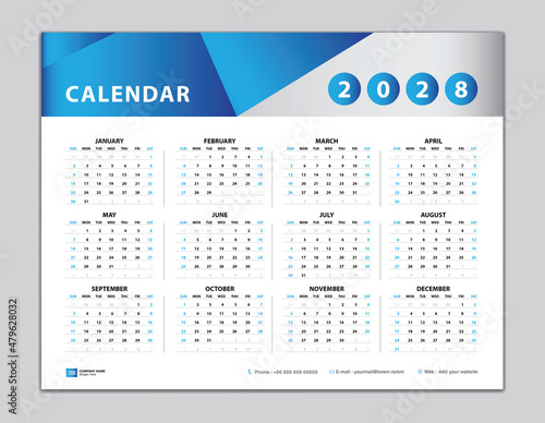 Calendar 2028 template, Desk calendar 2028 design, Wall calendar 2028 year, Set of 12 Months, Week starts Sunday, Planner, Yearly organizer, Stationery, calendar inspiration, blue background vector