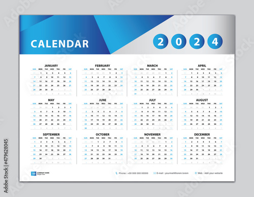Calendar 2024 template, Desk calendar 2024 design, Wall calendar 2024 year, Set of 12 Months, Week starts Sunday, Planner, Yearly organizer, Stationery, calendar inspiration, blue background vector
