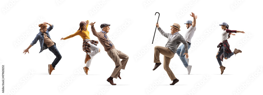 Full length profile shot of elderly men and young people dancing